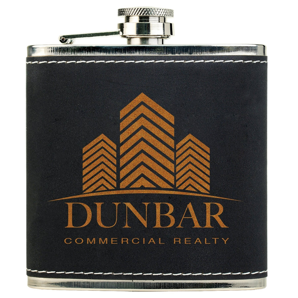 
                  
                    Personalized Laser Engraved 6oz Leatherette Flask - Dark Grey/Gold 
                  
                