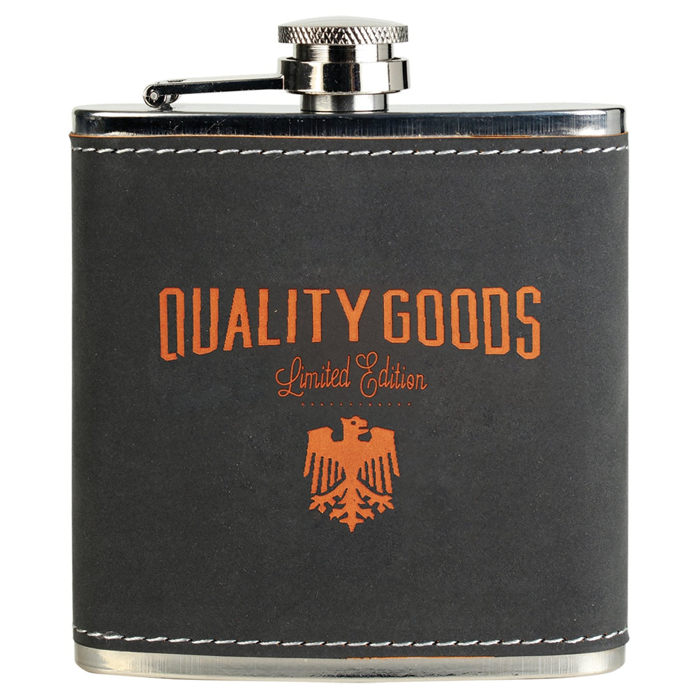 
                  
                    Personalized Laser Engraved 6oz Leatherette Flask - Dark Grey/Orange - The Red Door Engraving Company Inc.
                  
                