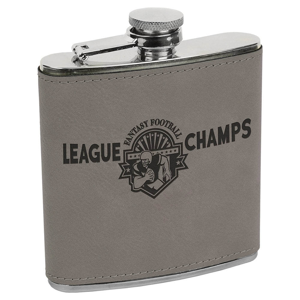 
                  
                    Personalized Laser Engraved 6oz Leatherette Flask Grey with black engraving
                  
                