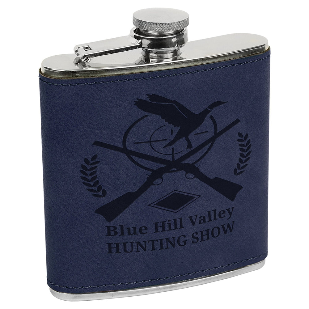 
                  
                    Personalized Laser Engraved 6oz Leatherette Flask Navy with black engraving
                  
                