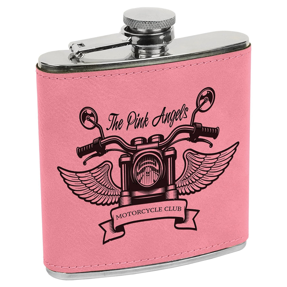 
                  
                    Personalized Laser Engraved 6oz Leatherette Flask Pink lasered black
                  
                