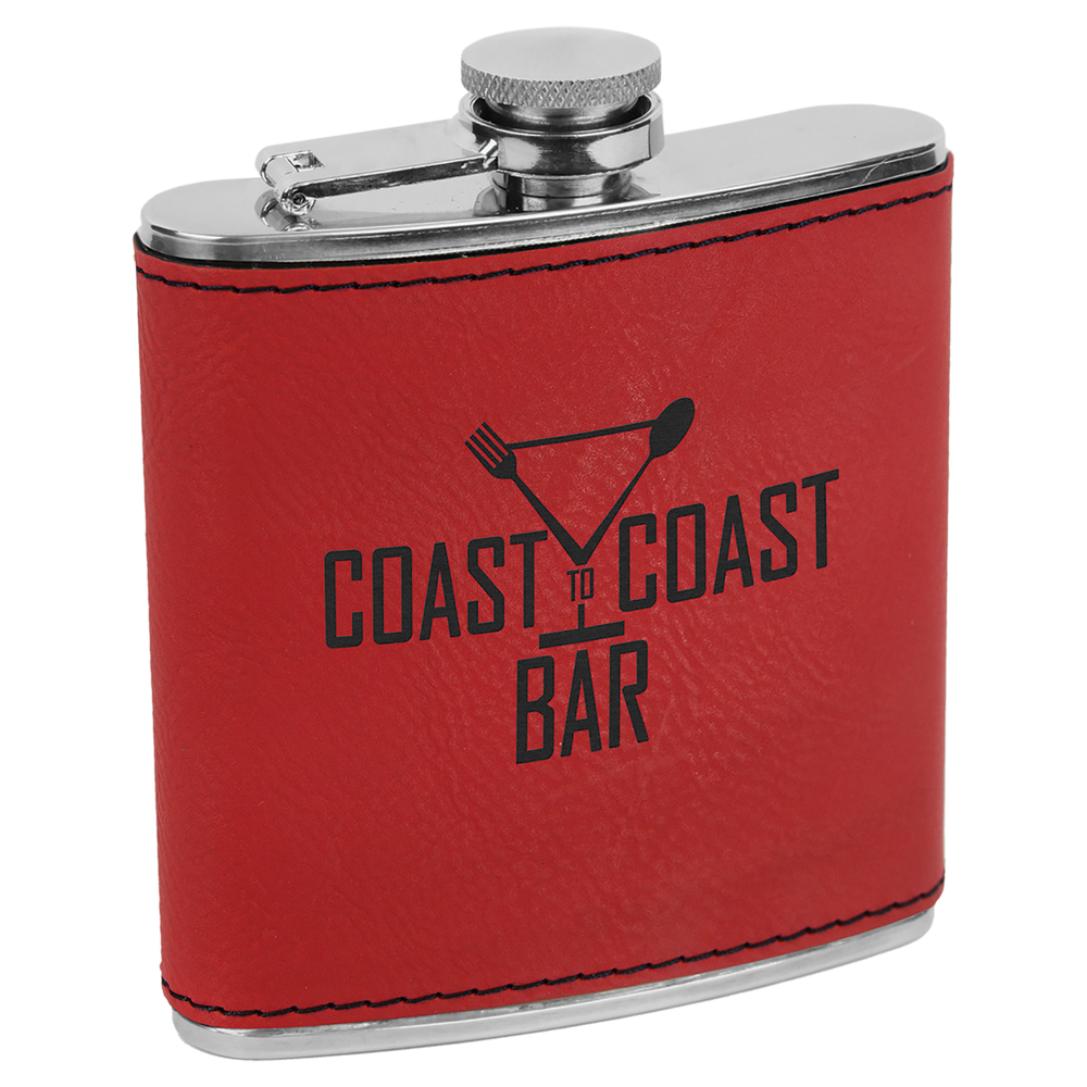 
                  
                    Personalized Laser Engraved 6oz Leatherette Flask Red lasered black
                  
                