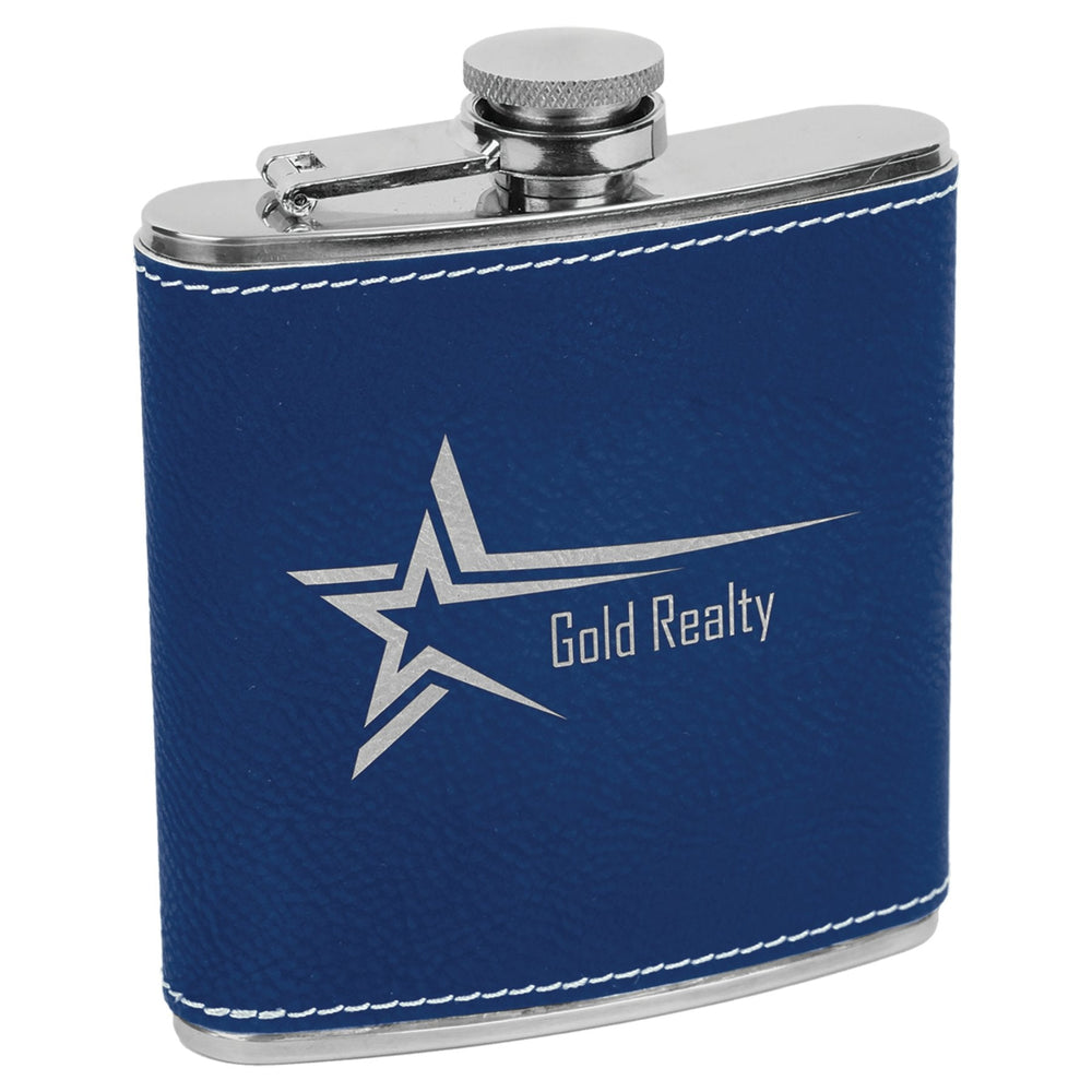 
                  
                    Personalized Laser Engraved 6oz Leatherette Flask Royal Blue lasered silver
                  
                