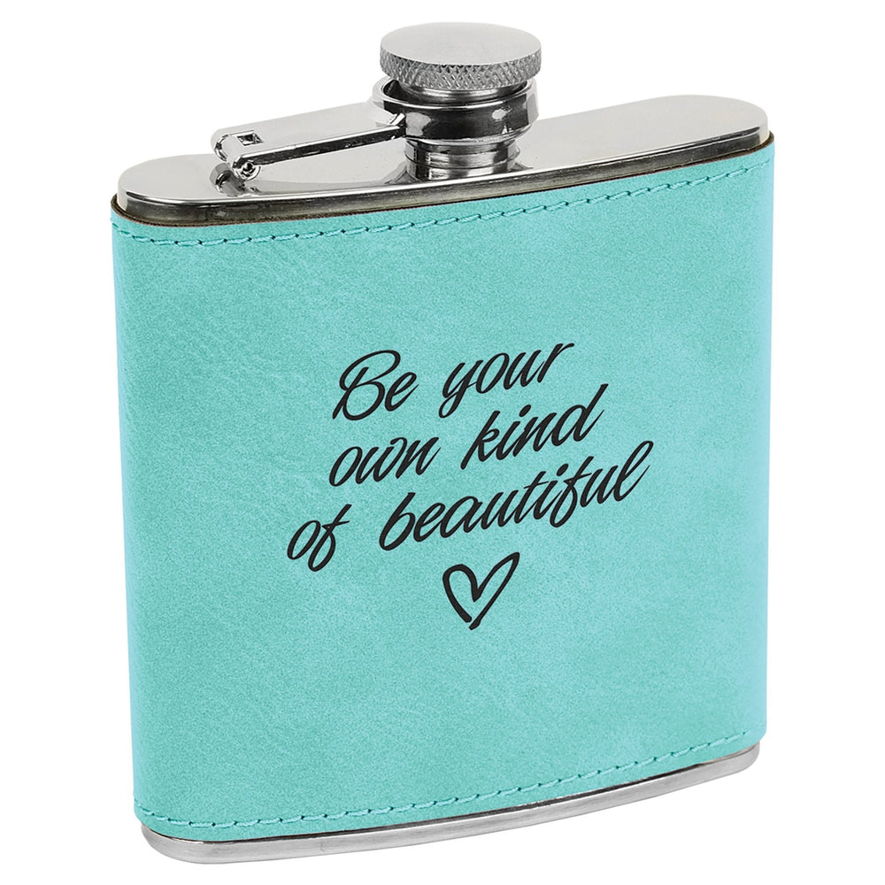
                  
                    Personalized Laser Engraved 6oz Leatherette Flask Teal lasered black
                  
                