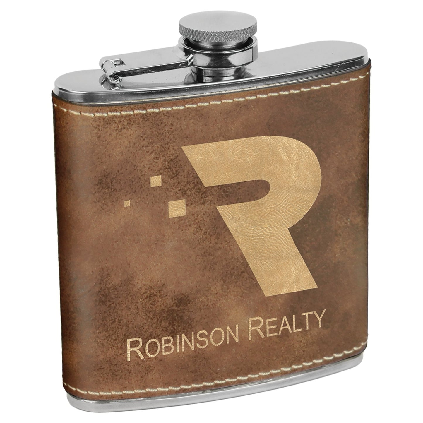 Personalized Laser Engraved 6oz Leatherette Flask Vintage Brown lasered gold