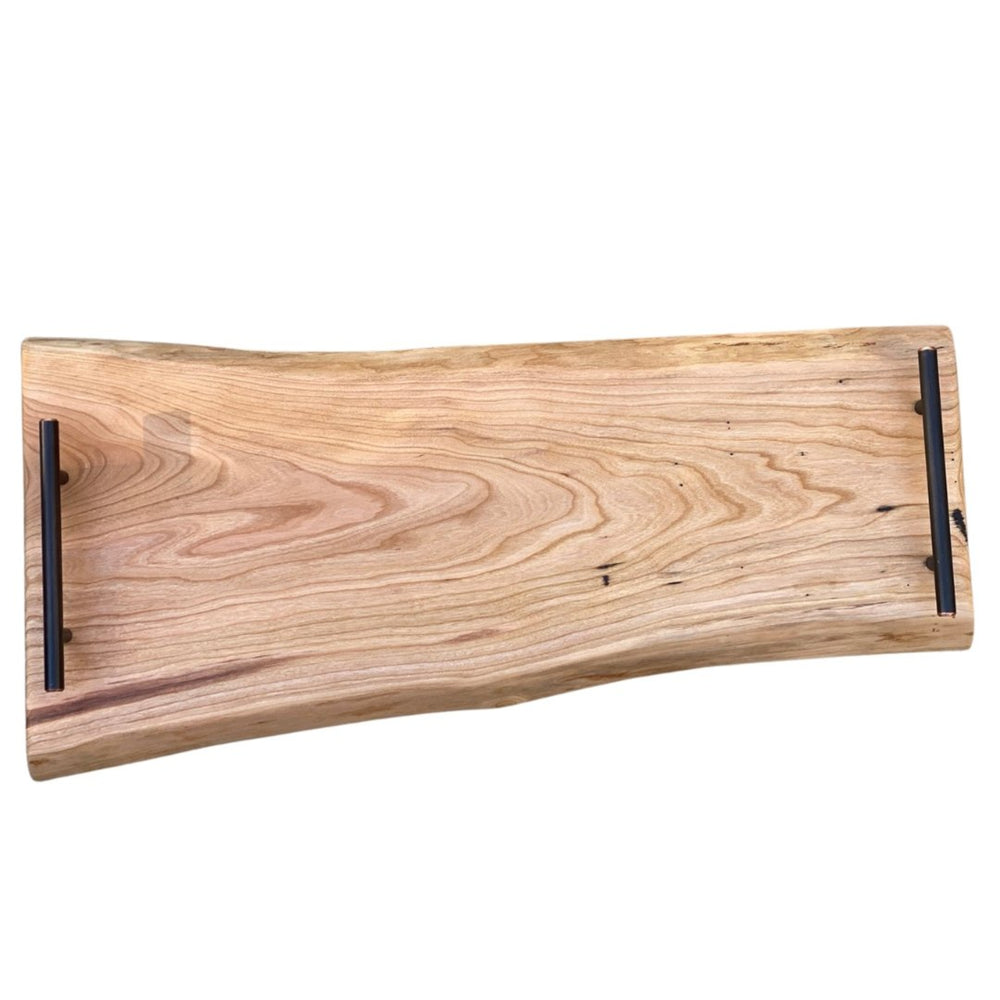 24-inch live edge cherry charcuterie board with custom black handles 