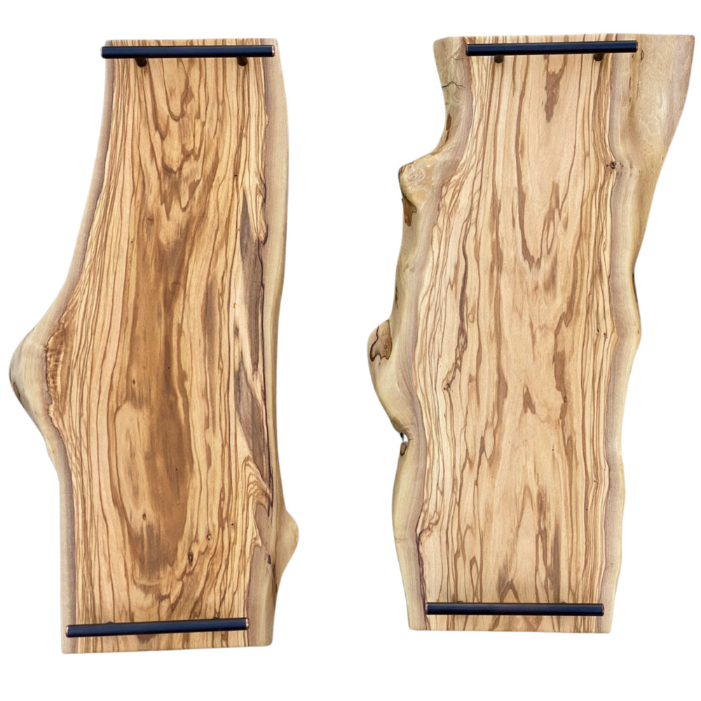 24-inch live edge olivewood charcuterie board with black handles