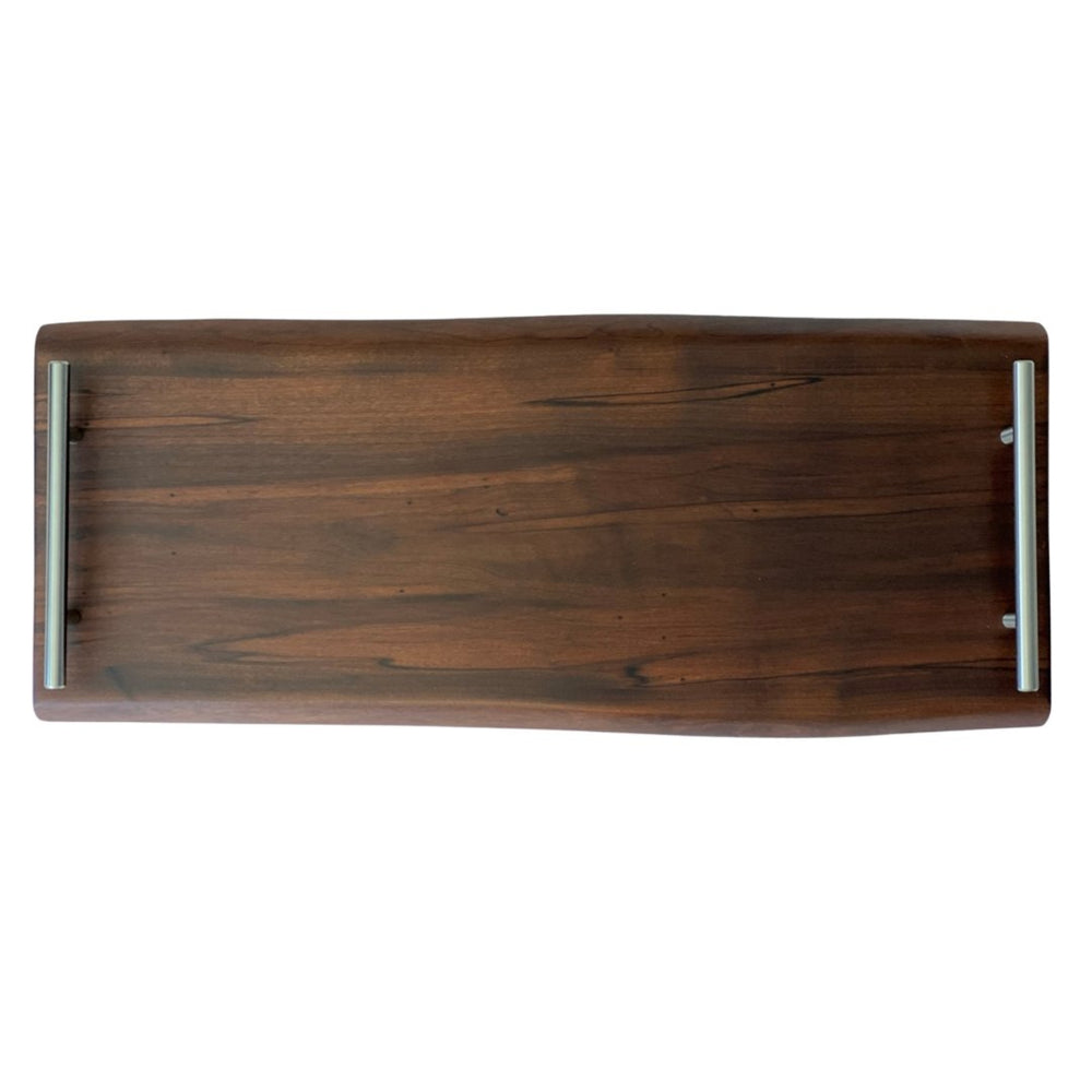 24-inch live edge roasted maple charcuterie board with rich grain, custom silver handles, 