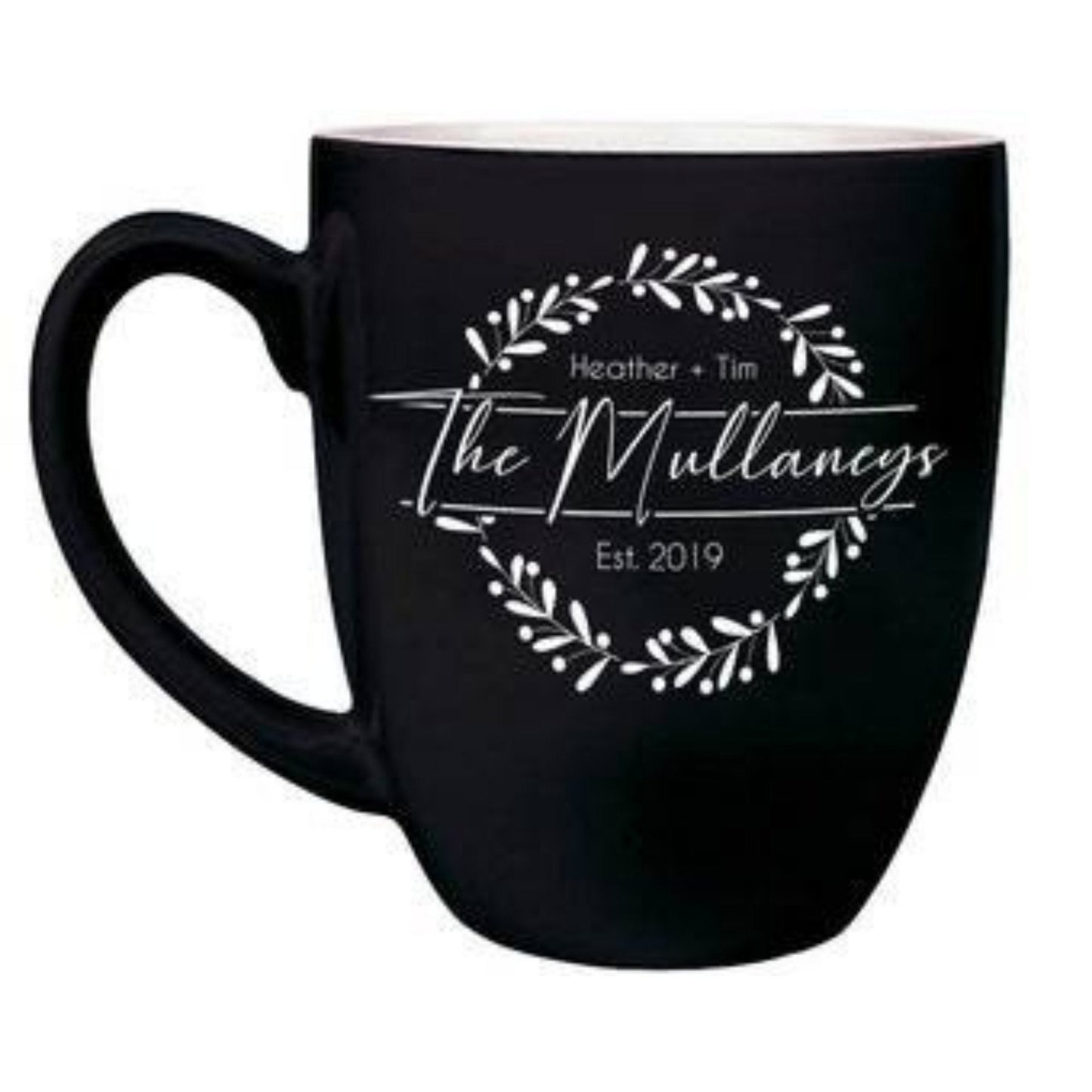 Engraved 16oz black ceramic bistro mug with white interior and custom laser design
