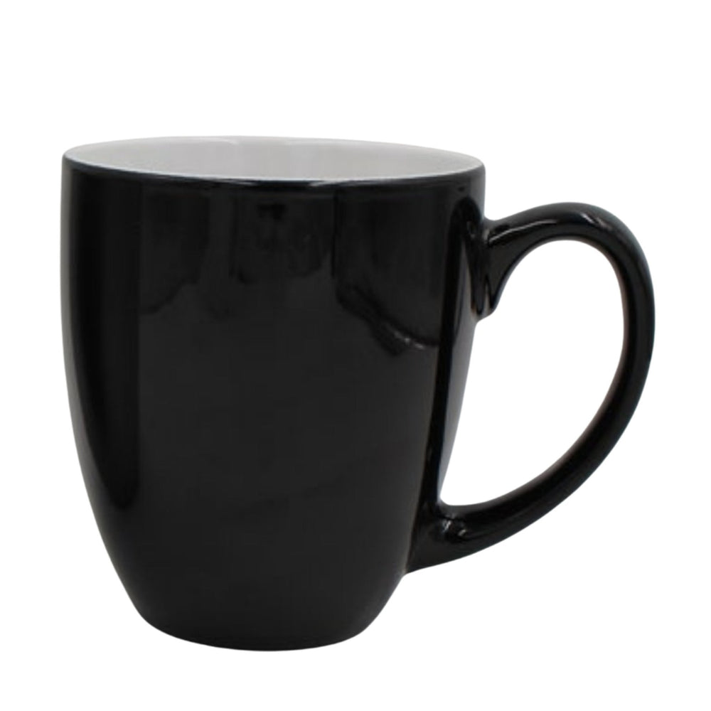 1Engraved 16oz black ceramic bistro mug with white interior and custom laser design