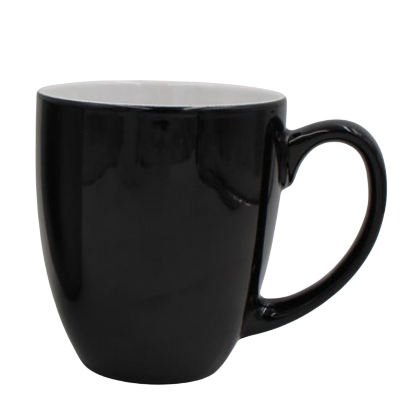 1Engraved 16oz black ceramic bistro mug with white interior and custom laser design