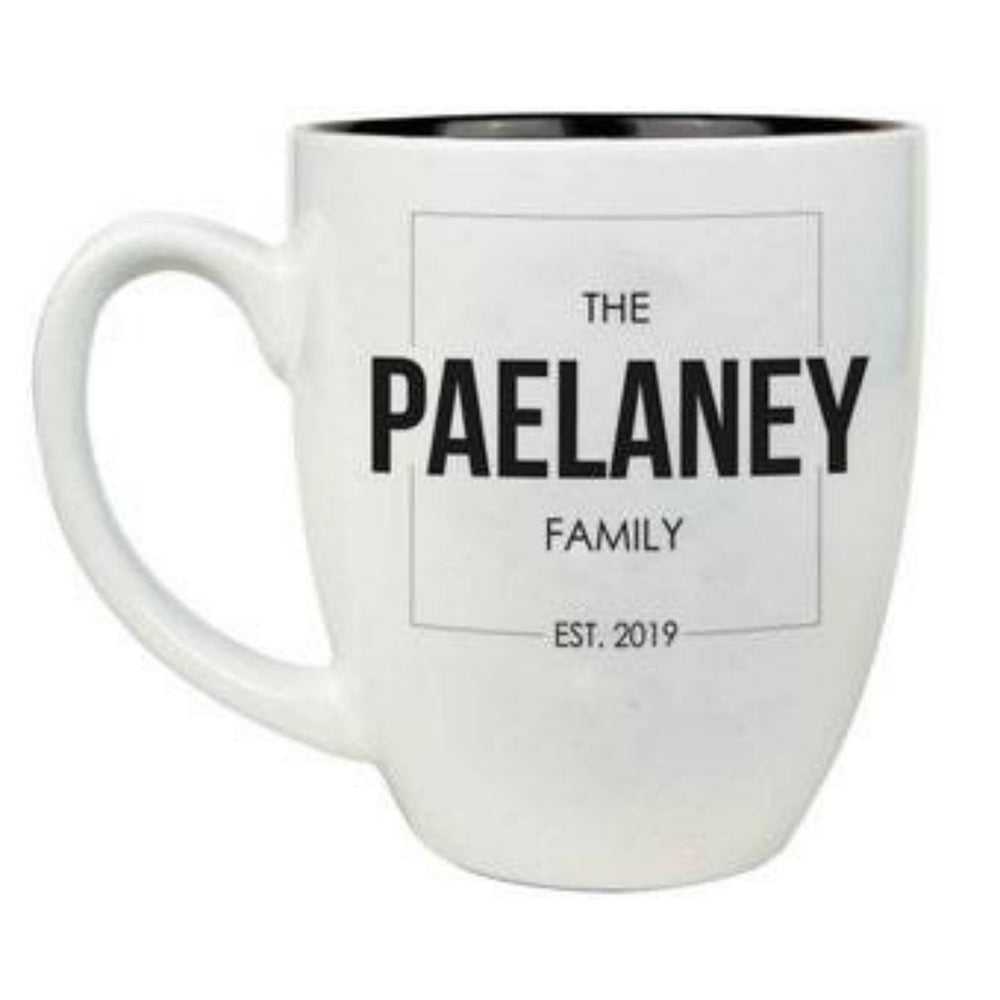 
                  
                    Engraved 16oz white ceramic bistro mug with black interior and custom laser design
                  
                