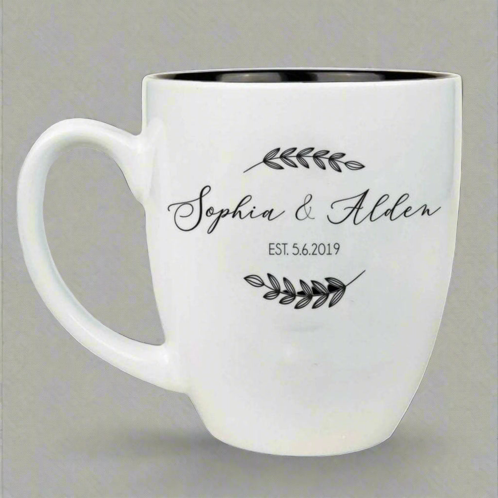 
                  
                    Engraved 16oz white ceramic bistro mug with black interior and custom laser design.
                  
                