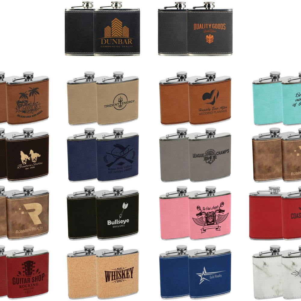 Custom engraved 6oz leatherette stainless steel flasks in various colors