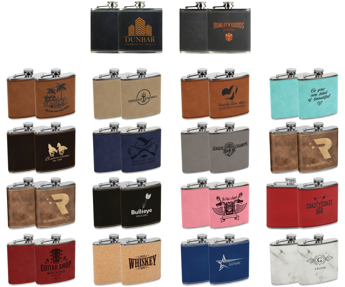 Custom engraved 6oz leatherette stainless steel flasks in various colors