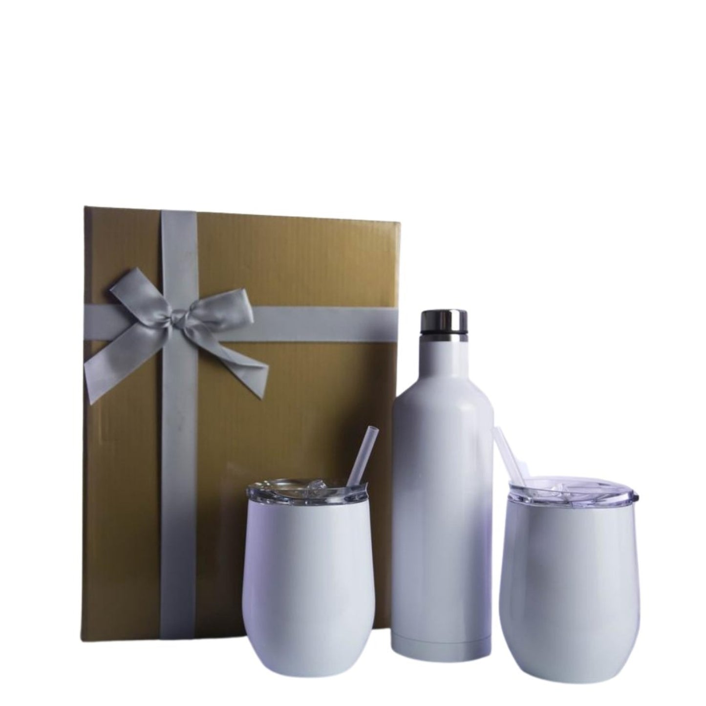 Engraved white stainless steel wine bottle and tumbler set with straws and gift box