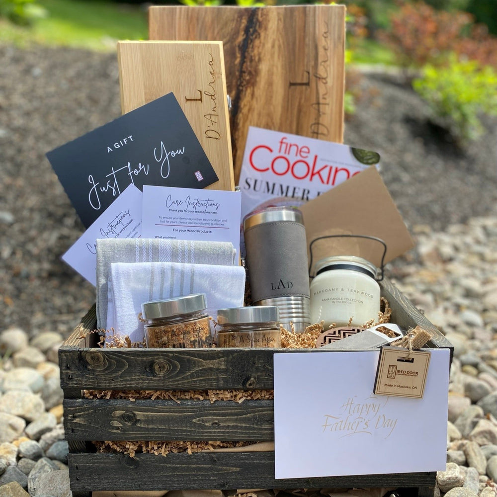 
                  
                    Wood Crate with BBQ set, Cutting Board Tumbler and candle
                  
                