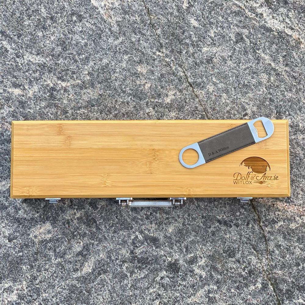 
                  
                    bamboo bbq set with leatherette bottle opener engraved
                  
                