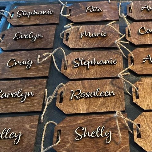 
                  
                    Stained Baltic Birch Wood Gift Tag in provincial with natural Baltic birch first name cut out and adhered to front
                  
                