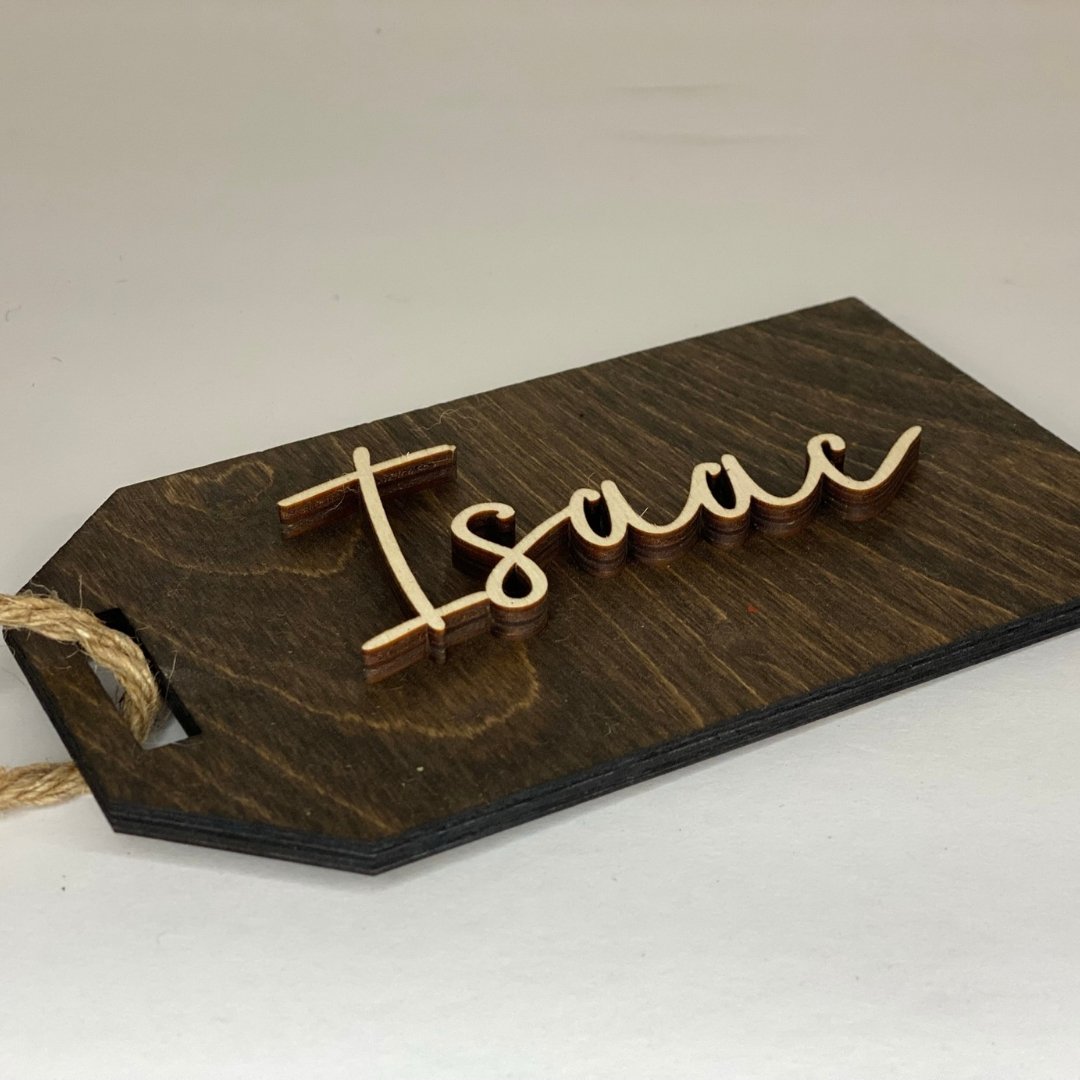 Gift Tag in Baltic Birch stained with 3D cut out first name