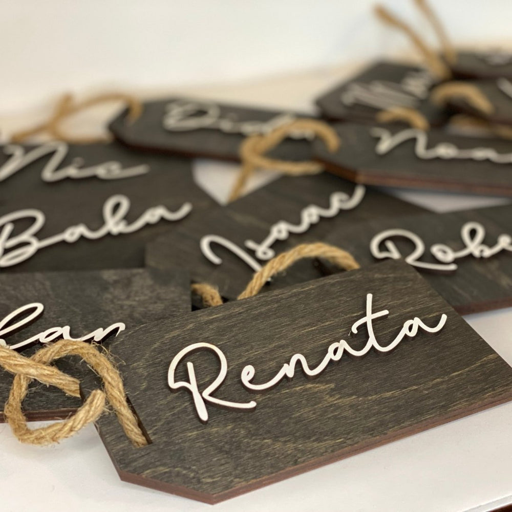 
                  
                    Various Gift Tag in Baltic Birch stained with 3D cut out first name
                  
                