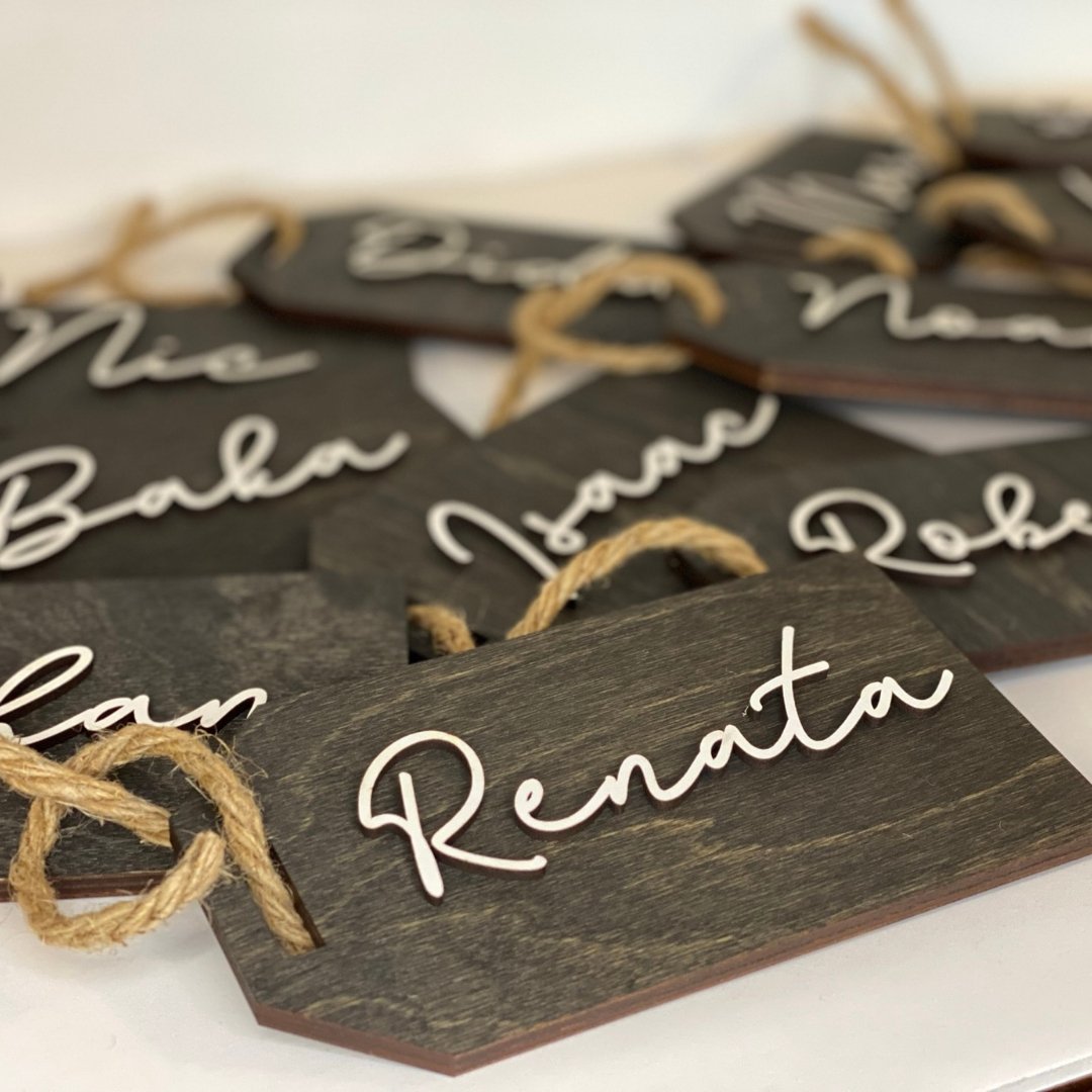 Various Gift Tag in Baltic Birch stained with 3D cut out first name