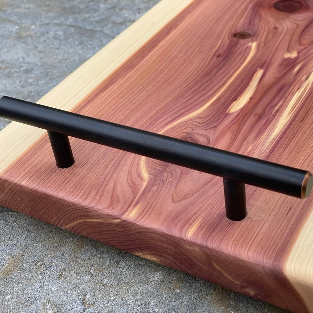 
                  
                    Cedar Live Edge Charcuterie Board - 48" with Handles & Feet - The Red Door Engraving Company Inc.
                  
                