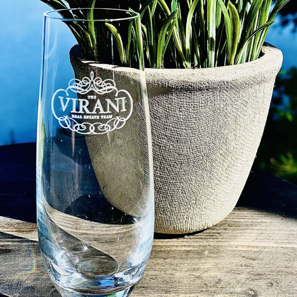 
                  
                    Champagne Flute - Stemless 7.8oz - with laser engraved text - The Red Door Engraving Company Inc.
                  
                