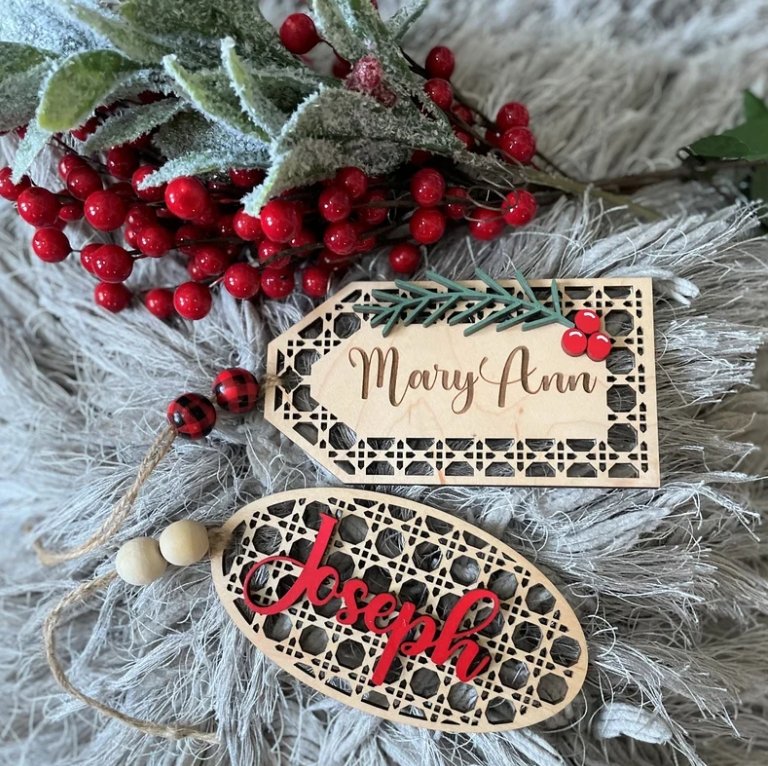 Wooden Christmas Gift Tag - Christmas Rattan Ornament - The Red Door Engraving Company Inc.