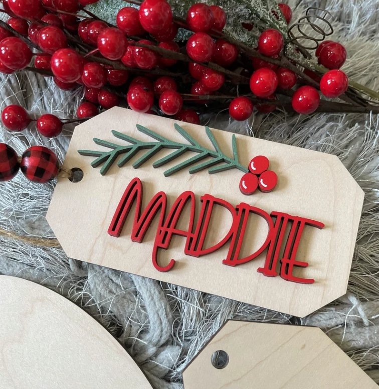 Wooden Christmas Gift Tag - Christmas Rattan Ornament - The Red Door Engraving Company Inc.