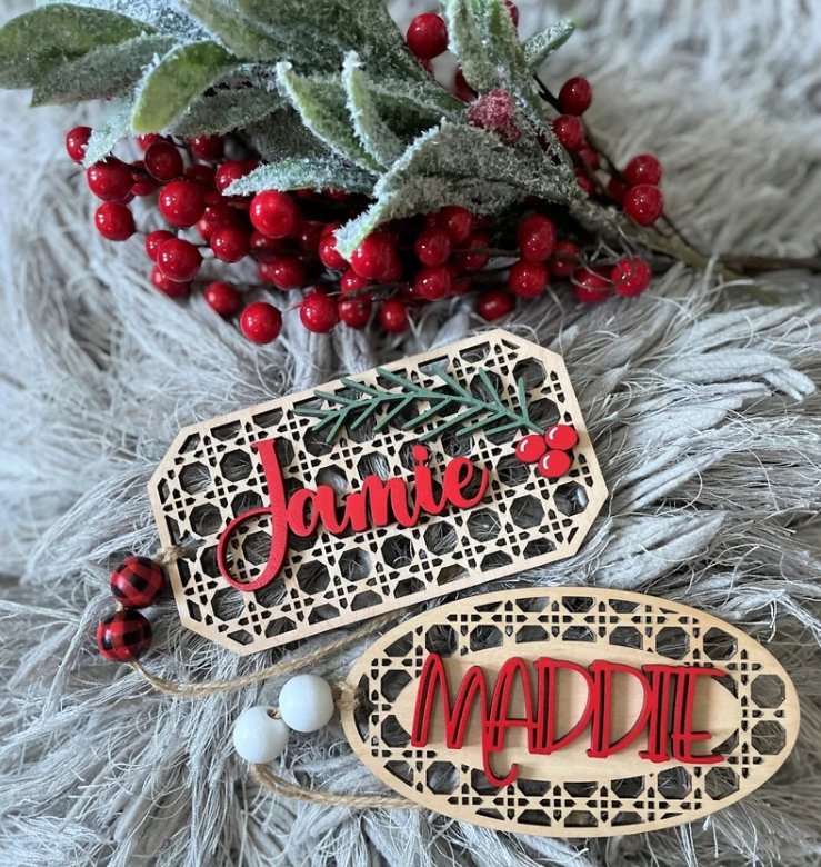 
                  
                    Wooden Christmas Gift Tag - Christmas Rattan Ornament - The Red Door Engraving Company Inc.
                  
                