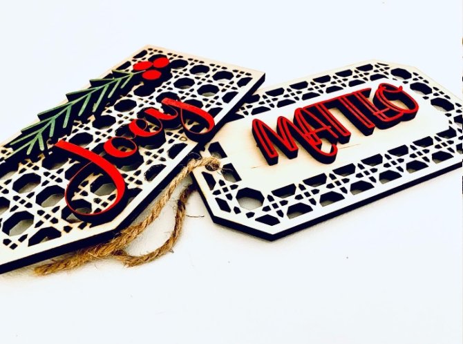 Wooden Christmas Gift Tag - Christmas Rattan Ornament - The Red Door Engraving Company Inc.