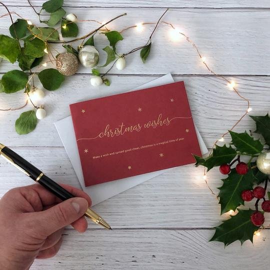 
                  
                    Red with gold font lettering Christmas Wishes Card - engraved messaging included. - The Red Door Engraving Company Inc.
                  
                
