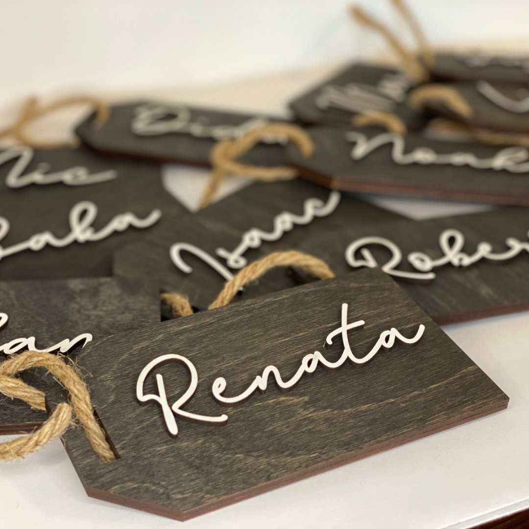 Baltic Birch Stained Provincial Gift Tag with 3D cut out Name - The Red Door Engraving Company Inc.