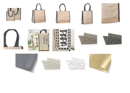 
                  
                    Various Gift Wrap Tissue and Black Trim Jute bags
                  
                